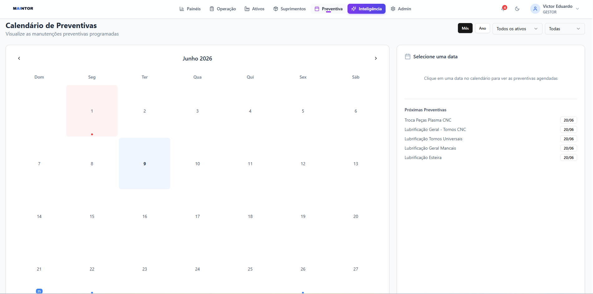 Calendário de preventivas por ativo